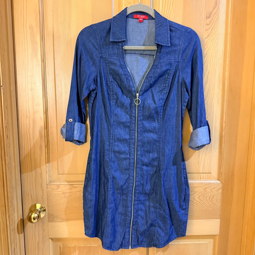 Guess Denim Mini Dress Small Blue Zip Front Roll Tab Sleeve Bodycon Dress